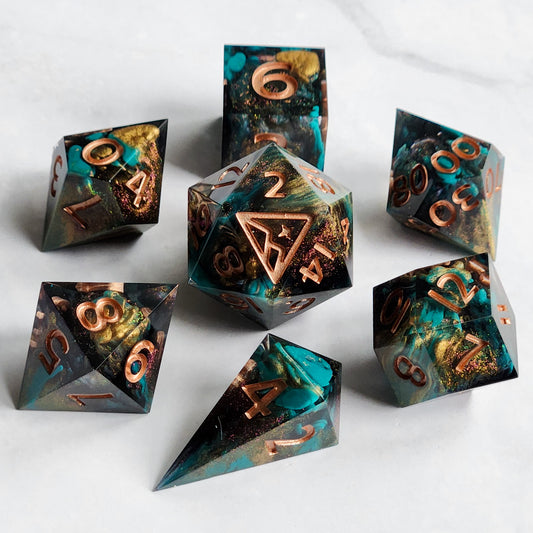 Turquoise Rainbow (In Rose Gold) 7pc Dice Set