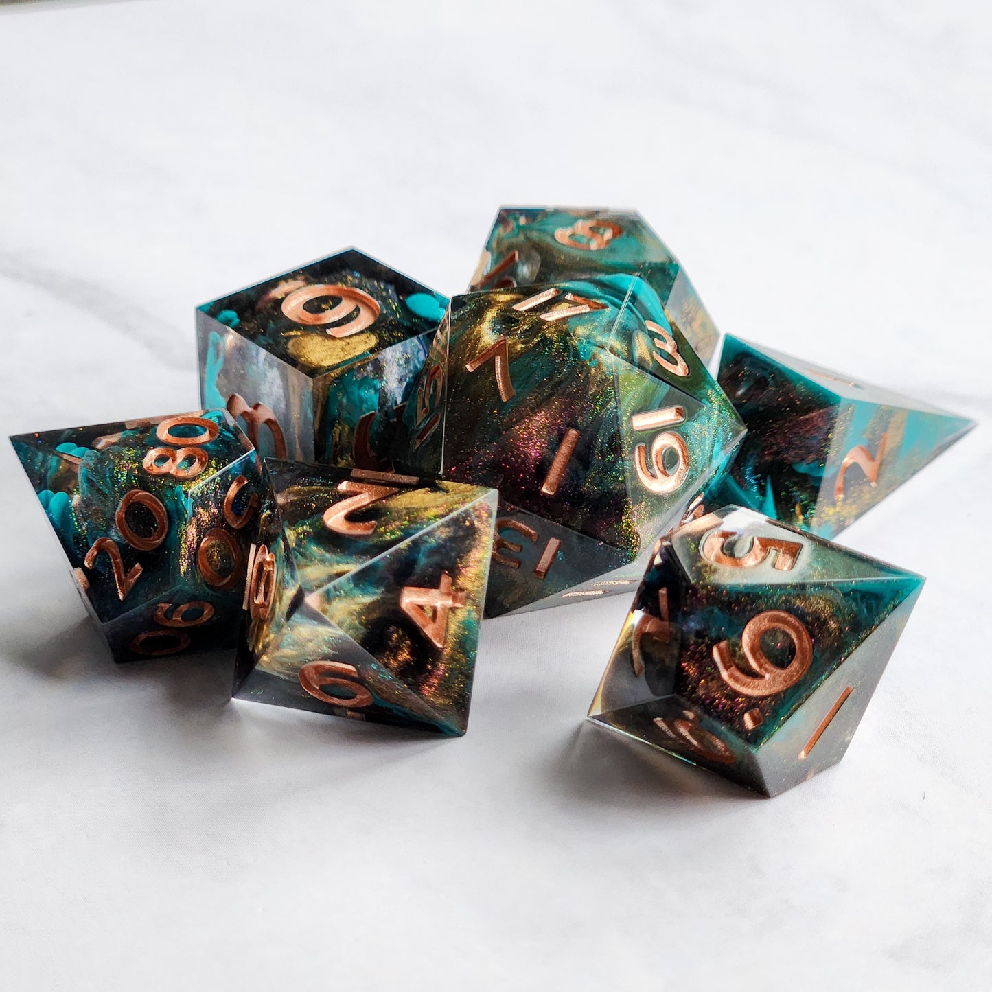 Turquoise Rainbow (In Rose Gold) 7pc Dice Set
